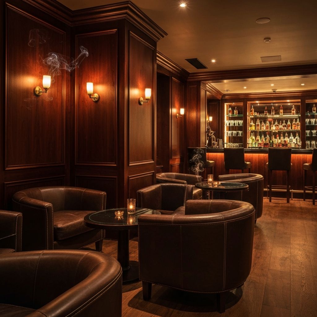 Interior of the Cigar Haus lounge with rich wood paneling, leather seating, and a fully stocked bar
